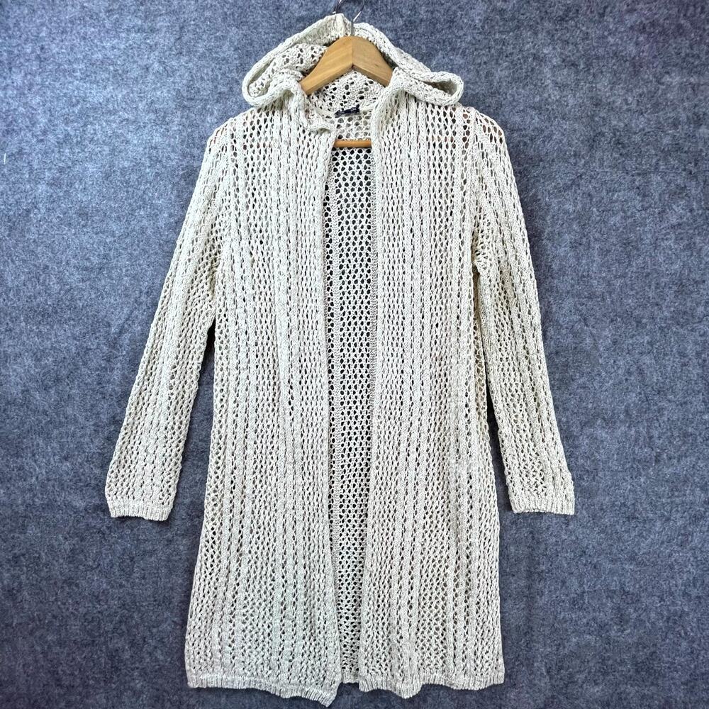 Splendid Cardigan Sweater Womens XS Beige Cotton‎ Hood Boho Crochet Open Front